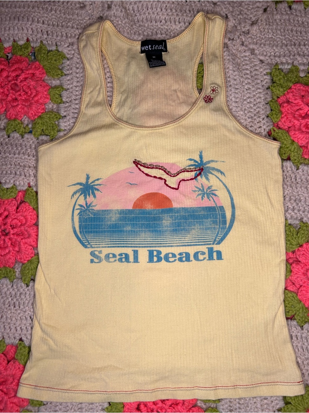 Wet Seal Pale Yellow Seal Beach Graphic Ribbed Tank